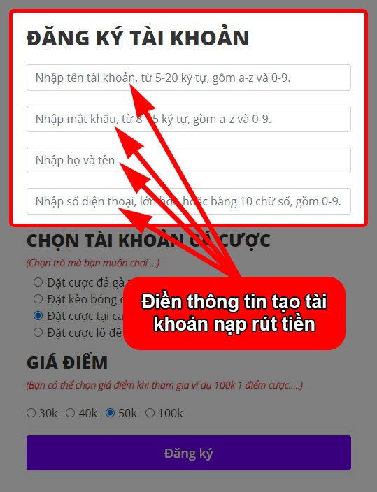 Tạo tài khoản nạp rút tiền