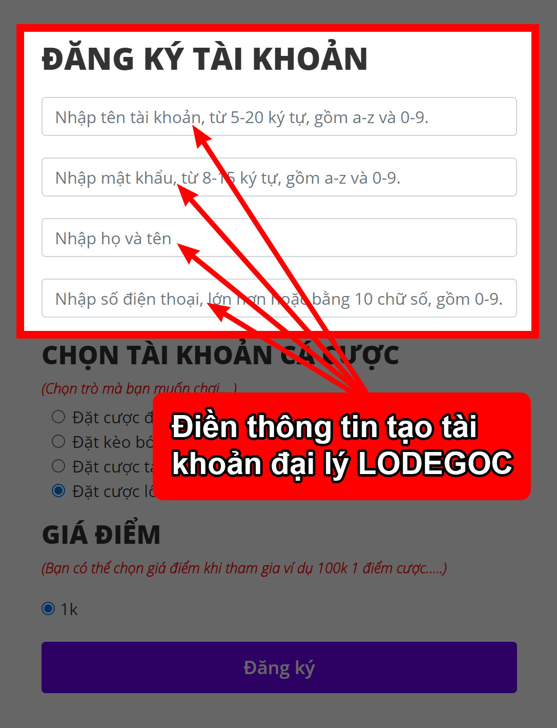 Đăng ký tài khoản đại lý LODEGOC